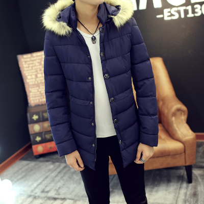2015韩版修身时尚毛领男士加厚长款棉衣纯色青年冬装棉袄潮外套