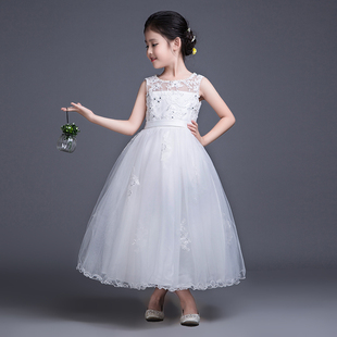韩国女童公主裙儿童婚纱礼服大童花童蓬蓬裙白色长款礼服裙夏装