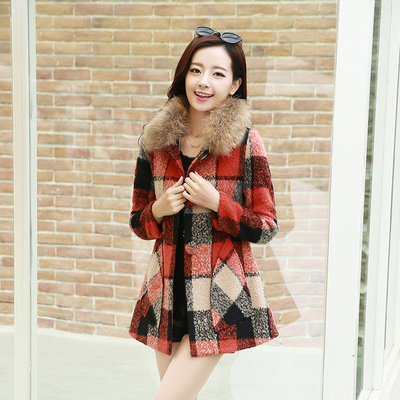 时尚大气2014冬装新款韩版高端貉子毛领羊毛呢子大衣格子外套女