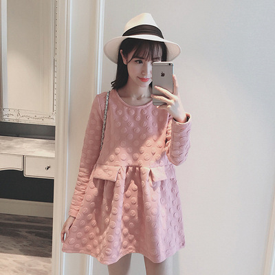 2015拼接粉色冬装新款韩版假口袋圆圈图案裙子女长袖女式连衣裙