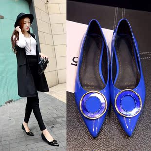 韩版女士单鞋欧美款春夏新款宝蓝色坡跟尖头平底内增高跟真皮鞋子