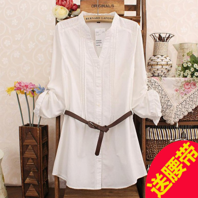 大码女装春夏季女士衬衫中长款白色衬衫韩版修身长袖学生衬衫纯棉