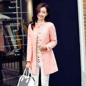 2015冬装款韩版纯色优雅气质修身时尚中长款毛呢外套