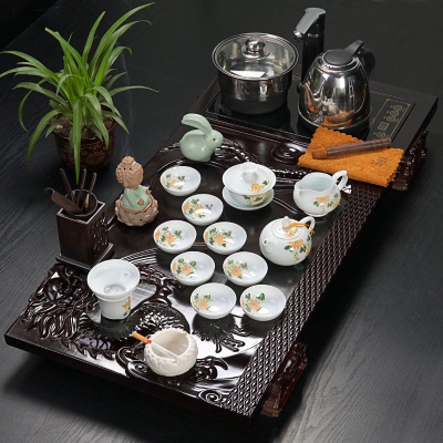 功夫茶具套装电磁茶炉抽水实木茶盘陶瓷紫砂窑变手绘壶盖碗品茗杯