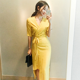 现货韩国女装uptownholic韩版春季气质时尚系带连衣裙96080