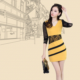 2015韩版修身中长款针织连衣裙V领雪纺条纹长袖真蕾丝通勤包臀裙