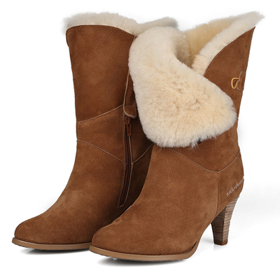 冬季皮毛一体女靴高跟鞋棉靴子保暖冬靴加厚真皮羊毛细跟中筒靴