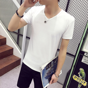 夏季时尚男装韩版短袖V领t恤 男士夏季上衣修身纯色打底衫半袖潮