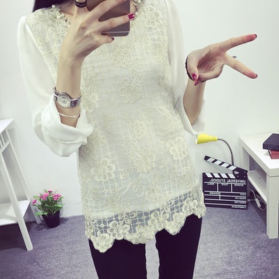 女士小衫秋季新款修身网纱蕾丝秋衣女外穿2015韩版t恤长袖上衣潮