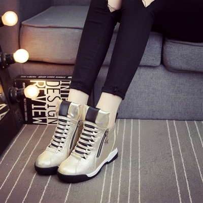 2015新款韩版内增高休闲鞋 女鞋双侧拉链高帮鞋 坡跟透气运动鞋潮