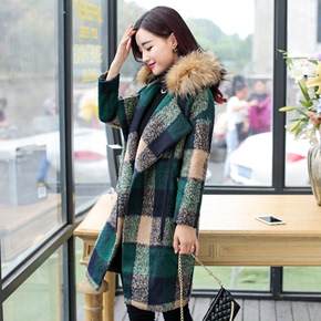 2015秋冬韩版格子毛呢外套女中长款加厚修身显瘦毛领时尚呢子大衣