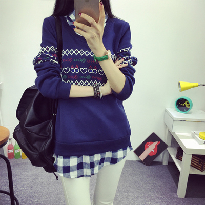 2015秋冬装韩版学生森女系T恤加绒加厚打底衫印花衬衣领假两件女