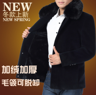 冬装新款中年男装羊毛尼风衣爸爸装加绒加厚绅士棉袄男士大衣外套