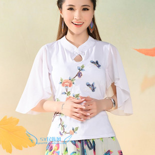 2015夏季新款民族风女装 中国风雪纺飞飞袖上衣复古盘扣绣花女t恤