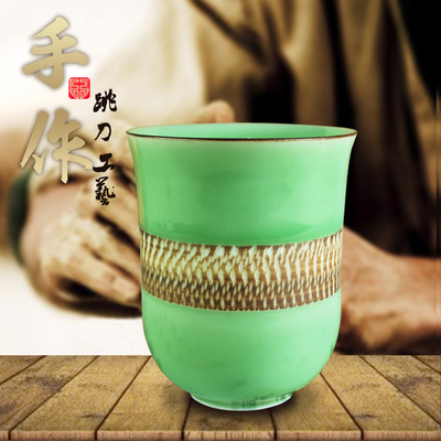 龙泉青瓷手工刻花茶杯 创意陶瓷杯子单杯个人杯复古文艺情侣水杯