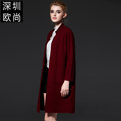 女装秋装2016新款潮欧洲站酒红色廓形中长款口袋精品女装开衫毛衣