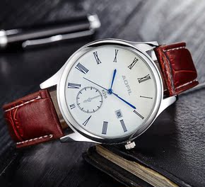 韩版简约蓝光玻璃男士手表防水皮带男表日历学生手表 石英表腕表