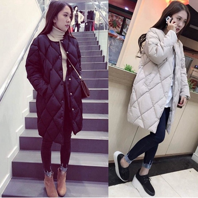 韩国新品2015冬中长款菱形格加厚保暖羽绒棉衣面包棉服棉袄女大衣
