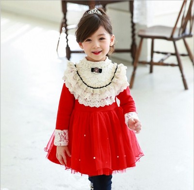 韩国童装2015冬季女童加绒连衣裙保暖蕾丝公主裙中小童圣诞新年裙