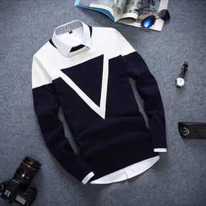 2015冬新款男士毛衣韩版英伦风套头薄款圆领修身羊毛衫大码针织衫