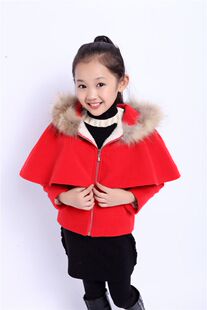 2016新款韩版女童加厚北极绒内衬外套中小儿童纯色披风斗篷呢大衣