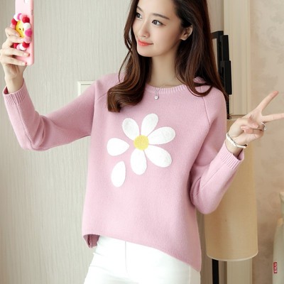 韩版新款春季长袖套头小清新针织衫气质淑女短款优雅甜美图案毛衣