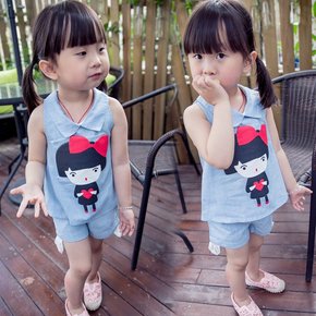 2016夏款童装 韩版女童套装夏季 女童背心卡通裤子两件套厂家直销