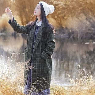 韩版复古格子毛呢中长款大衣女式秋冬新款中长款修身外套2016