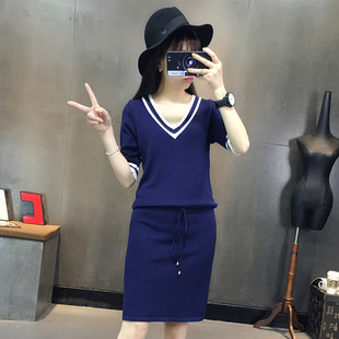 2016夏季新款韩版中袖连衣裙假两件套针织衫运动套装气质休闲包臀
