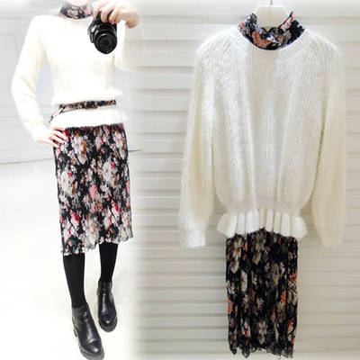 2016春装新款女装韩版圆领马海毛针织衫印花褶皱雪纺连衣裙两件套