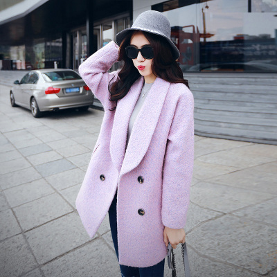 2015冬季学院风韩版时尚优雅收腰双排扣 浅紫色呢大衣女中长款