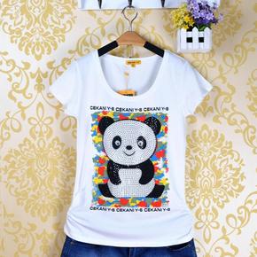 15新款正品CEKANI Y-6韩版熊猫烫钻圆领女装弹力大码短袖T恤5669