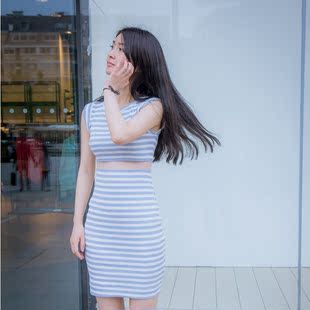 预售2015春夏新品 蓝白条纹腰部镂空条纹针织无袖修身连衣裙女装