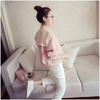 2017春季女装韩版拉链口袋短外套百搭显瘦长袖粉色上衣女夹克