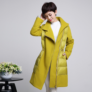 2015冬韩版棉衣女长款修身显瘦毛呢大码拼接羽绒棉服加厚外套