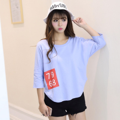 2016春夏新款韩版少女装纯棉字母印花七分袖T恤半袖体恤女