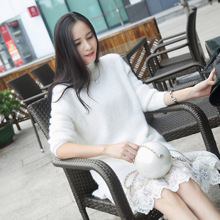 韩版2016秋季新款女装中长款套头兔毛毛衣两件套针织蕾丝连衣裙潮