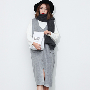 2016春季新装韩版毛线背心中长款套头铅笔裙连衣裙