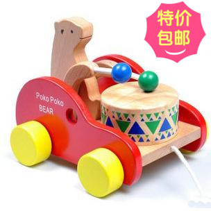 包邮幼得乐趣味传统玩具榉木小熊打鼓敲鼓拉车婴幼儿拖拉玩具