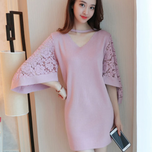 2016秋季新款女装韩版中长款套头蕾丝中袖毛衣女式针织衫连衣裙