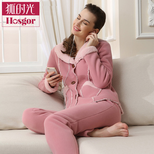 2015新款 冬季夹棉女士睡衣加厚羊羔绒 韩版长袖珊瑚绒家居服套装
