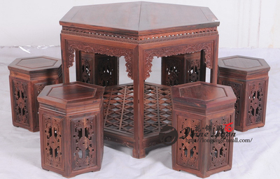 红木家具/红酸枝木家具/中式仿古家具/实木六角餐桌七件套