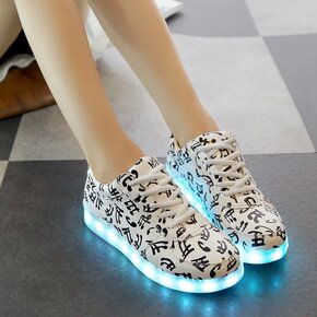 秋冬季加棉发光鞋女USB充电情侣款LED灯闪光鞋荧光鞋系带休闲板鞋