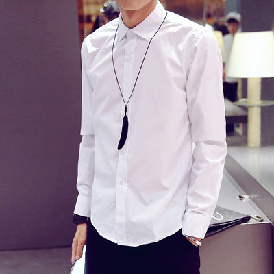 2015秋季新款 男士韩版修身商务休闲纯色长袖衬衫潮 男式白衬衣