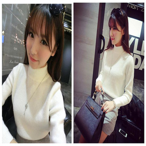 毛衣女 套头2015韩版短款针织衫半高领微领打底衫纯色长袖毛衣