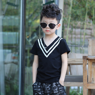 男童儿童装2015夏装海军V领短袖纯棉T恤休闲帅气韩版短袖上衣黑色