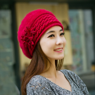 新款韩版潮女士贝雷帽冬天保暖毛线帽针织帽兔毛时装帽中老年帽子