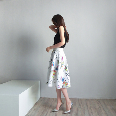 2015夏新款韩国代购高腰显瘦欧美复古文艺3D印花中长款半身裙伞裙