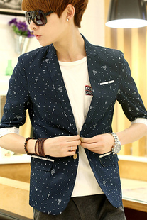 2014夏季新款七分袖西服男士休闲小西装青少年中袖韩版修身外套潮