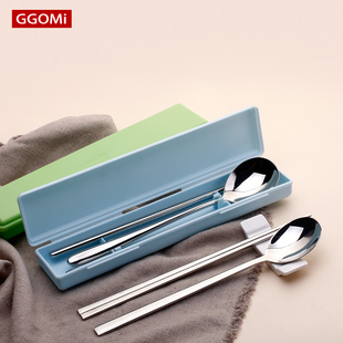GGOMI便携餐具3件套304不锈钢实心扁筷勺套装旅行筷勺盒学生包邮